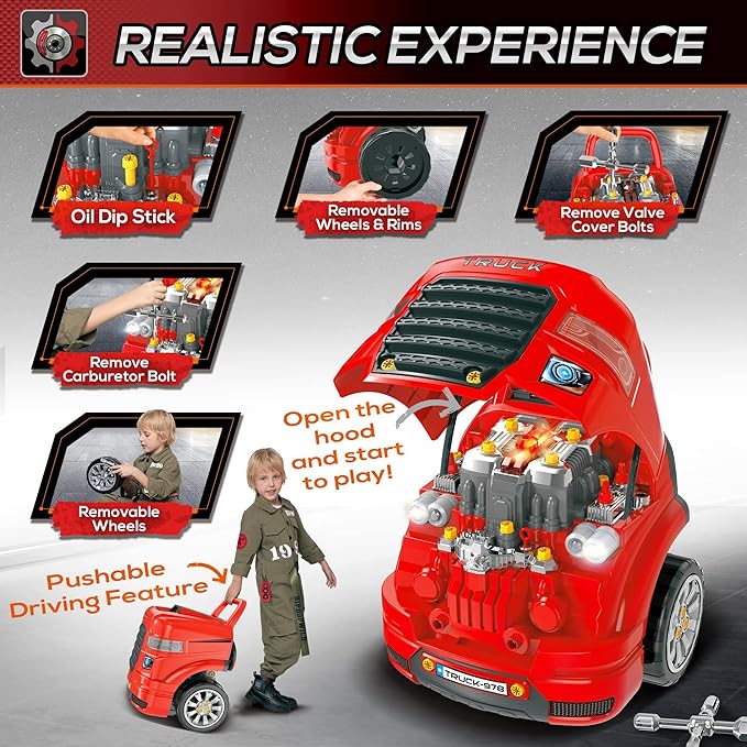 Qaba Truck Engine Toy, Kids Mechanic Set with Lights, Sounds, Steering Wheel and Horn, Pretend Car Service Station Play with 61-Piece Included, Toy Engine Building Kit for Kids Aged 3+, Red