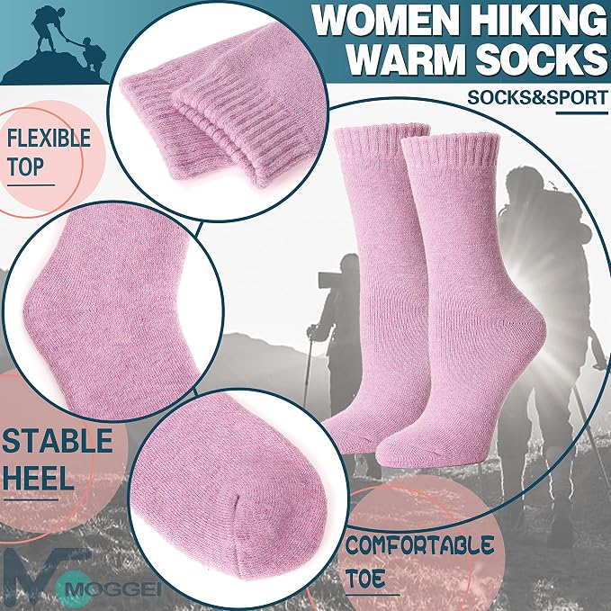 MOGGEI 5 Pairs Womens Merino Wool Socks Hiking Warm Winter Thick Thermal Crew Cozy Cabin Ladies Gift Comfy Boot Work Socks