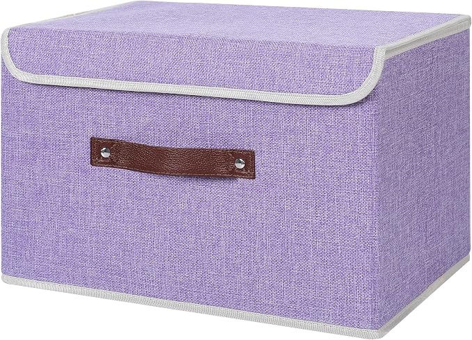 ANMINY Fabric Storage Box Bins with Lids, Purple, 15"x10"x10" | Keepsake Memory Storage, Cotton Linen, PP Board Reinforced, Washable, PU Handles, Foldable & Stackable, Decorative, Large