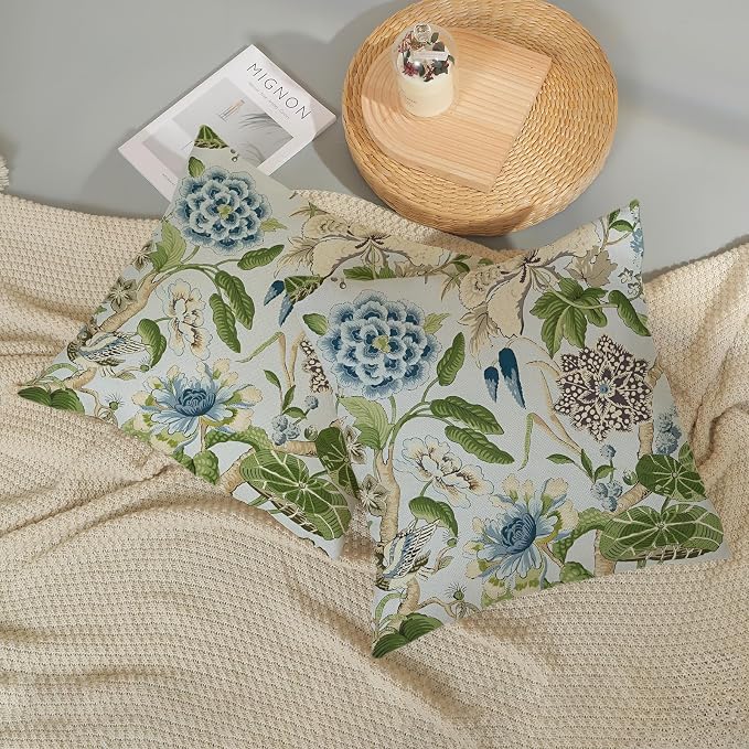 Baby Blue Green Pillow Covers 16x16 Inch Set of 2 Vintage Blue Floral Throw Pillows Chinoiserie Flower Decorative Pillow Case Outdoor Linen Farmhouse Cushion Cover for Couch Sofa Decorations