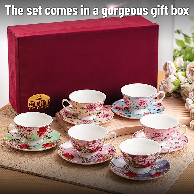 BTaT- Floral Tea Cups and Saucers, 8 oz, Fine Porcelain Teacup Set with Gold Trim for Afternoon Tea, Weddings, Parties & Gifting, Dishwasher Safe, Lightweight, Non-Toxic, Set of 6