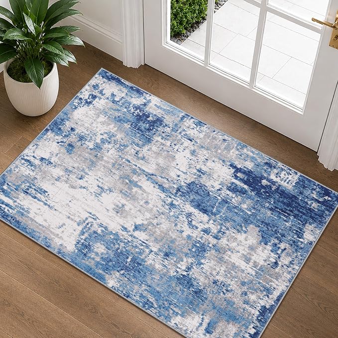 RELEANY Washable 2'x3' Abstract Area Rug for Living Room Blue Gray | carpet for bedroom, kitchen, office, hallway and entryway, printed pattern, non-slip, soft, stain-resistant, easy to clean