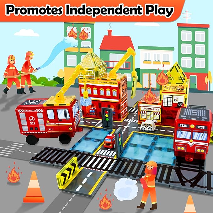 Magnetic Tiles Road Set with Fire Truck Magnetic Crane, Creative Construction Toys for Kids Ages 3-12, Boys & Girls, Fire Rescue Station and Engineering Themed Magnetic Building Blocks