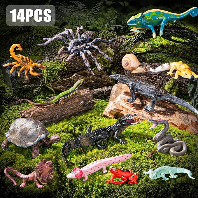 14PCS Reptile Animal Figurines Toys,Desert Amphibians Sand Toys with Axolotl,Lizard,Snake,Spider,Komodo Dragon,Alligator,Rainforest Cold Blooded Plastic Animals Figures Party Favors for Kids