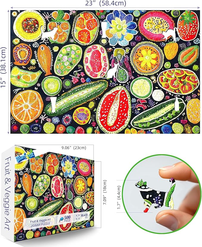 Colorful Fruits and Vegetables Jigsaw Puzzles 500 Pieces for Adults - Vibrant Whimsical Food Collage Art Puzzle with with Letters on Back 500 Piece Challenging Puzzle for Seniors(23''X15'')