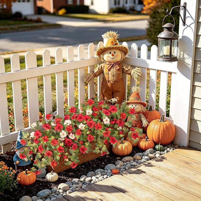 Ammyoo Artificial Fall Flowers Fake Petunias Plants for Outdoor Decoration | 2 Pcs No Maintenance Faux Silk Flowers UV Resistant Floral for Garden Window Porch Patio Real Looking Indoor Autumn Decor