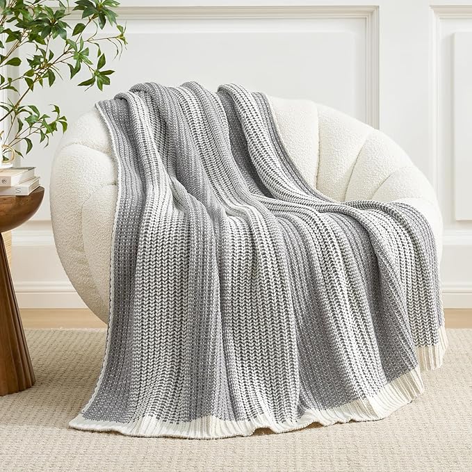 Amélie Home Premium Chenille Throw Blanket, Soft Cozy Luxury Two-Tone Knit Blanket for Couch, Sofa, Chair, Home Decor, Grey & Ivory 50"x60"