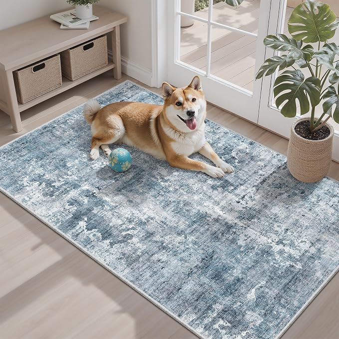 Soalmost Abstract 3x4 Rugs, Small Washable Area Rug for Entryway Blue/Grey | Vintage Low Pile Carpet for Nursery Coffee Table Bathroom, Foldable Stain Resistant Indoor Door Mat Entrance Powder Room