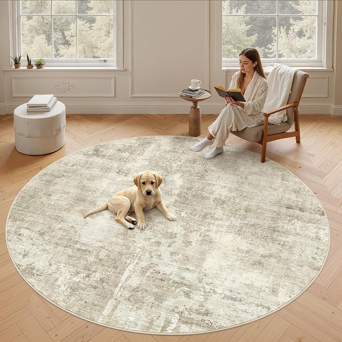 Soalmost Round Rugs 8ft Living Room Circle Area Rug 8x8 Beige/Gray Vintage | Washable Non Slip Abstract Carpet for Apartment, Dining Bedroom, Soft Low Pile Stain Resistant Foldable Floor Mat Entryway