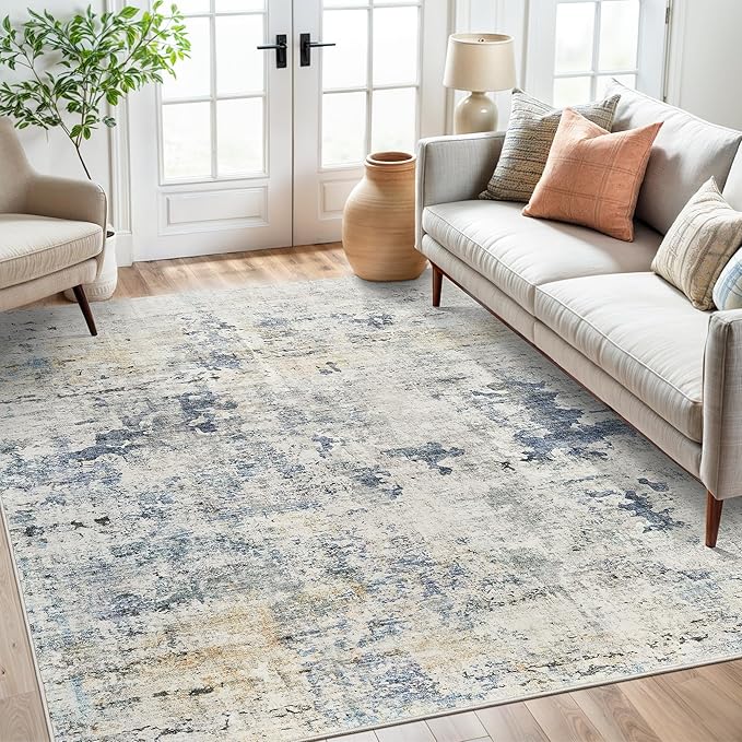 Soalmost Abstract Area Rug 6x9 for Living Room Washable Rugs Blue/Yellow | Non-Slip Low-Pile Carpet for Dining Bedroom, Foldable Thin Vintage Stain Resistant Floor Mat Under Table Home Office Nursery