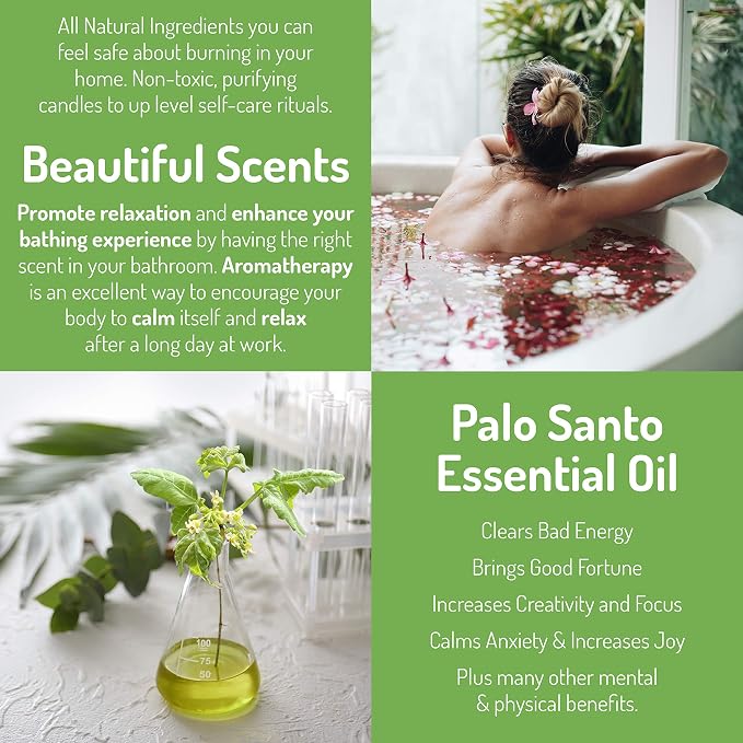 Raw Genuine Palo Santo Essential Oil from Ecuador Aromatherapy Candle 9oz Handcrafted in USA with Natural Soy Wax for Purification & Cleansing Free Palo Santo Stick Included