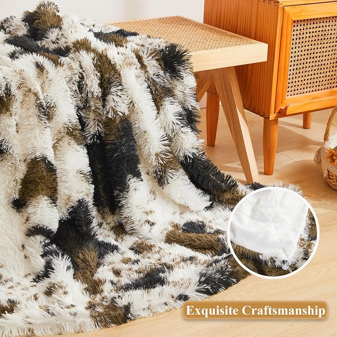 XeGe Luxury Faux Fur Throw, Soft 50x60 Cow Print Fluffy Blanket, Shaggy Plush Decorative Couch Throw, Cute Furry Animal Print Fuzzy Blanket for Sofa Bed, Cow Brown