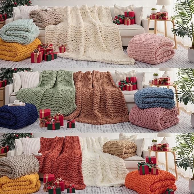 L'AGRATY Chunky Knit Throw Blanket for Couch, 60'' x 80'' Knit Throw, Ivory | Handmade Chenille Crochet Blanket for Sofa Bed, Thick Cable Knitted Blankets for Room Home Decor, Birthday Gift for Women Mom