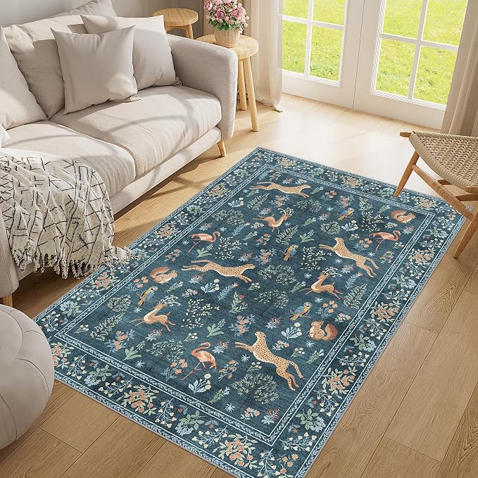 DUKINO 4x6 Area Rug, Non Slip Animal Washable Rug for Living Room, Blue | Soft, Low Pile, Stain Resistant Indoor Carpet for Bedroom, Dining Room, Nursery, Farmhouse, Pet Friendly, Non-Shedding