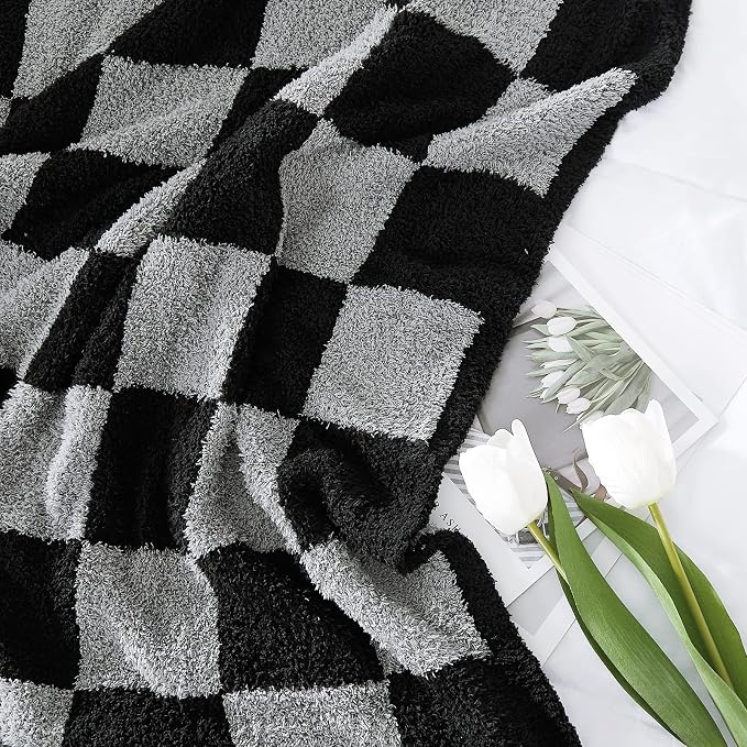 Soft Twin Size Checkered Blanket for Bed-Cozy Knitted Blankets | Lightweight Fluffy Warm Decor for Women, Mom, Her & Girls, Sofa, Chair, Couch, 60x80in, Black Grey