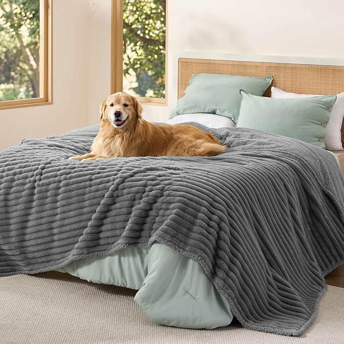 Bedsure ComfyFleece™ Waterproof Blanket for Bed - Soft Plush Dog Blankets for Large Dogs Corduroy Fleece Washable, Cozy Calming Reversible Furniture Protection for Pet Cat,86"x108", King, Warm Grey