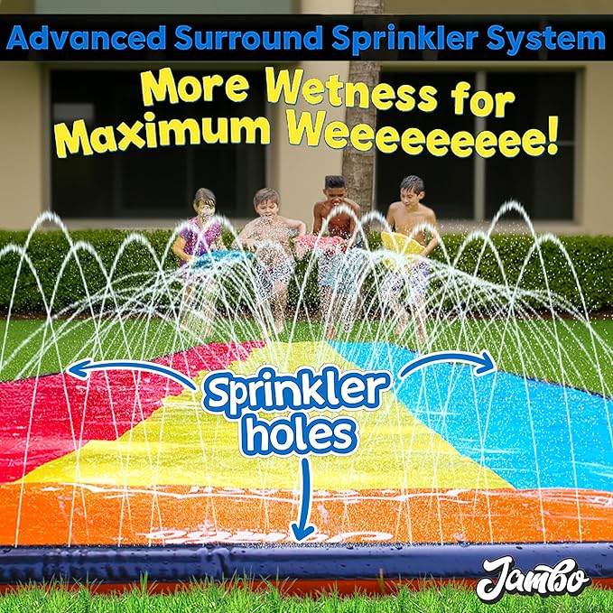 JAMBO Premium 16Ft Slip Splash and Slide and 3 Bodyboards, Heavy Duty Water Slide - 3-Way Sprinkler System, Splash Mat Pad, Backyard Outdoor Water Toys n Slides for Kids