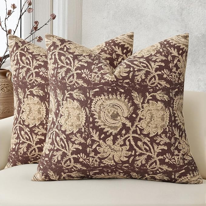 Vintage Floral Print Throw Pillow Covers 18x18 Set of 2 Neutral Modern Farmhouse Pillowcases Accent Decorative Cushion Covers Boho Home Decor for Couch Sofa Chair Bed Living Room, Oxblood
