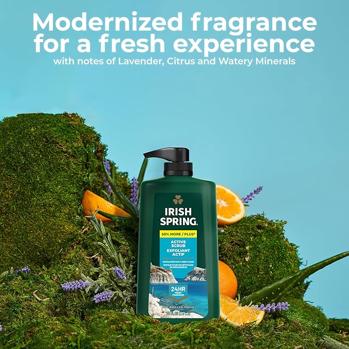 Irish Spring Active Scrub Exfoliating Body Wash for Men, 24-Hour Fresh, Biodegradable Ingredients, Paraben Free, Cool Fresh Scent, 30 fl oz Pump Bottle (Pack of 2)