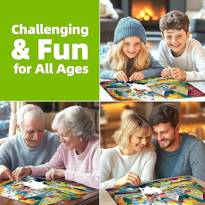 1000 Piece Jigsaw Puzzle for Adults - Autumn Village Scene: Colorful Houses, Bridge & Vintage Car, 27.5x19.7 Inch Unique Art Puzzle, Challenging Hard Difficult Puzzles for Adults