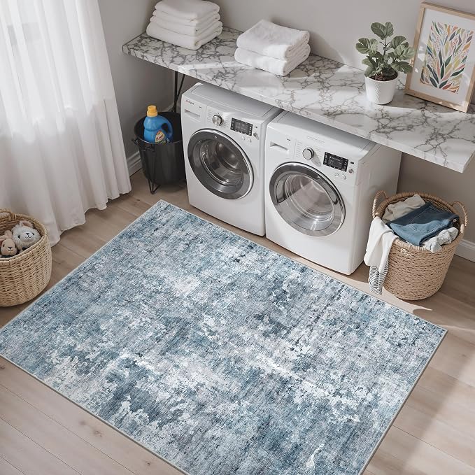 Soalmost Abstract 3x5 Rugs, Small Kitchen Entryway Area Rug Blue/Grey | Vintage Low Pile Carpet for Nursery Coffee Table Bathroom, Foldable Stain Resistant Indoor Door Mat Entrance Powder Room