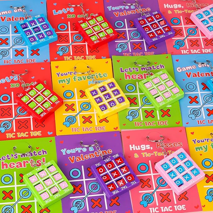 24 Pack Valentines Day Gifts for Kids Classroom Valentines Day Cards with Tic-Tac-Toe Game Keychains Valentines for Kids School Class Exchange Cards Valentines Party Favors Boys Girls Toddlers