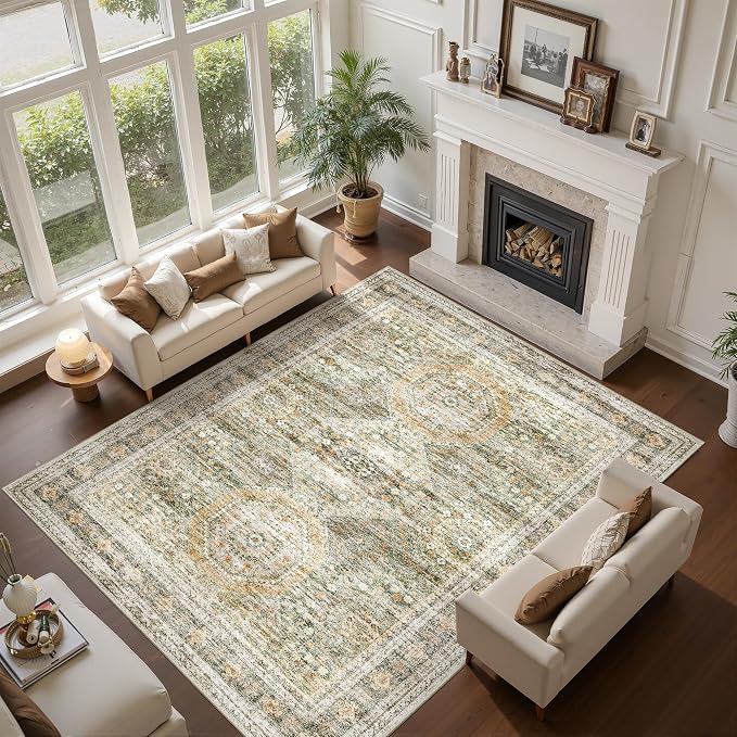 Soalmost Washable Area Rug 8x10 Large Soft Living Room Rugs Green/Orange | Vintage Non-Slip Carpet for Dining Bedroom, Stain Resistant Low Pile Foldable Lightweight Floor Mat Under Table Home Decor