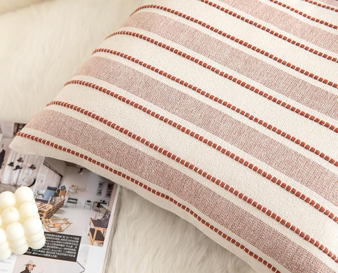 Cethom Decorative Boho Throw Pillow Covers, Farmhouse Textured Pillow Case, 20 x 20 Inch Set of 2, Chair Sofa Bedroom Living Room Home Decor Couch Cushion Case, Rust and Beige Striped