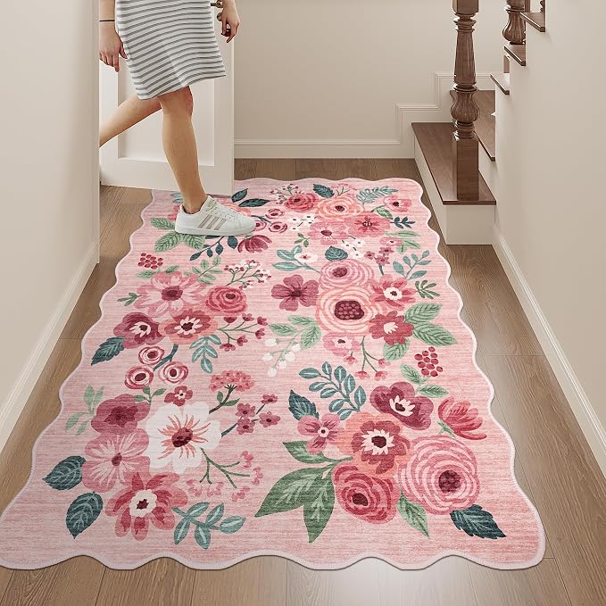 DUKINO 3x4 Rug, Non Slip Floral Washable Area Rug for Entryway, Pink | Soft, Low Pile, Non-Shedding Indoor Throw Rugs for Kitchen, Hallway, Bedroom, Bathroom, Laundry, Pet Friendly, Home Decor