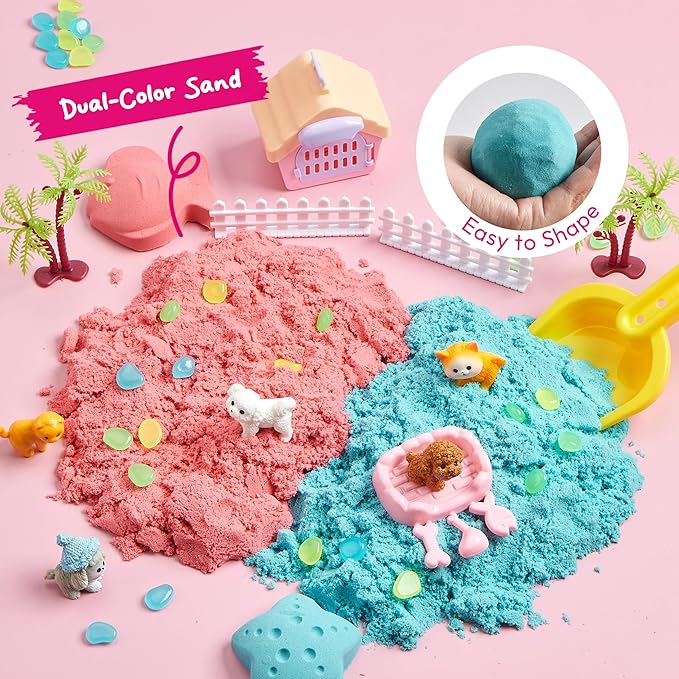 JOVA Klever Kits Cute Pet Sensory Bin for Toddlers with Glow in The Dark Stones, Sandbox with Lid Dual-Color Sand, Preschool Learning Activities Gifts for Boys Girls Age 3+