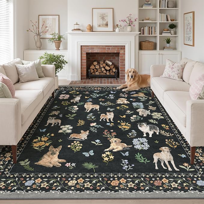 Soalmost Dog 9x12 Area Rugs for Living Room, Washable Animal Soft Rug Black | Floral Vintage Non-Slip Low Pile Cute Throw Large Rugs for Classroom Bedroom Dining Room Nursery Playroom 9' x 12'