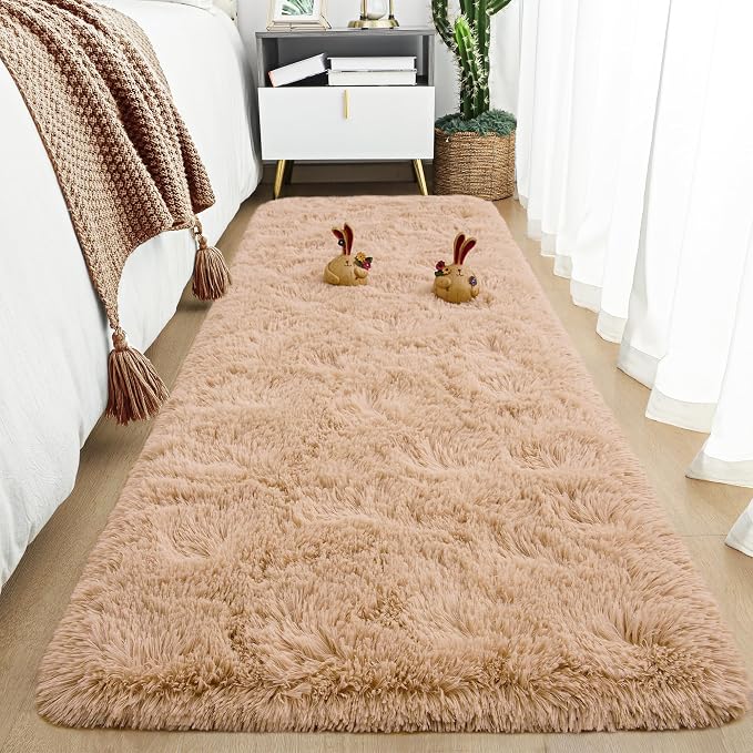 Tepook Soft Runner Rugs for Bedroom Living Room, Fluffy Plush Rug 2x6 for Kids Girls Room, Shag Furry Area Rug Non Slip Carpet for Nursery Children Dorm Home Decor, Beige