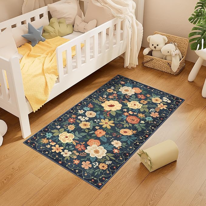 DUKINO 2x4 Entryway Rug, Floral Washable Kitchen Rugs Non Slip, Navy Blue | Low Pile, Soft Indoor Runner Rug for Hallway, Bedroom, Bathroom, Laundry, Pet Friendly, Modern Home Decor, Stain Resistant