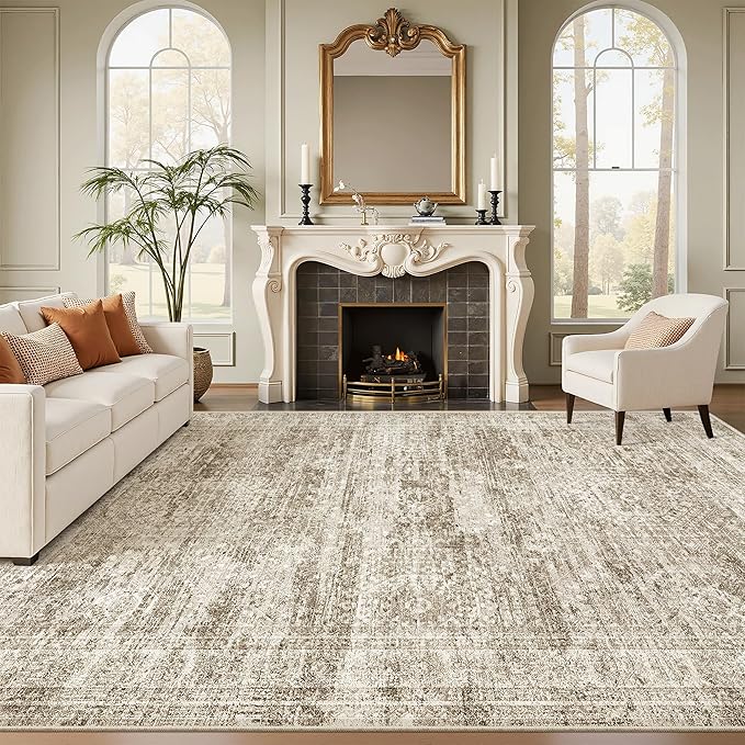 Soalmost 10x12 Area Rugs for Living Room Washable Rug Non-Slip Brown | Large Vintage Stain Resistant Carpet for Dining Bedroom, Low Pile Lightweight Foldable Floor Mat Nursery Home Office Decor
