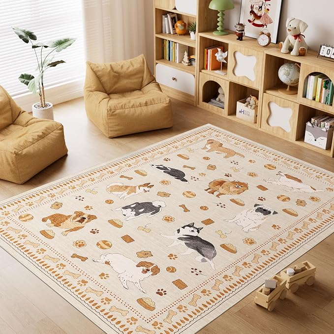DUKINO 4x6 Area Rug, Washable Dog Rug for Living Room Non Slip Beige Yellow | Low Pile, Stain Resistant, Soft Animal Carpet for Bedroom Office Dorm Dining Room Kids Room Farmhouse, Kid & Pet Friendly