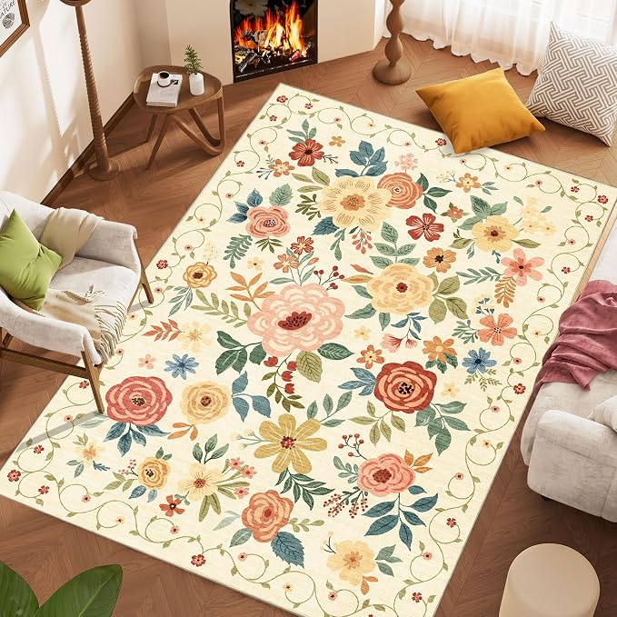 DUKINO 9x12 Area Rug for Living Room, Washable Rug Non Slip, Beige Yellow | Soft, Low Pile, Floral Indoor Large Rug for Bedroom, Dining Rom, Kids Playroom, Office, Pet Friendly, Home Decor, Lightweight