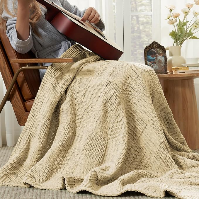 Knit Throw Blanket, Soft Chenille Cozy Breathable Checkered Chunky Decorative Blanket for Couch, Bed & Sofa, French-Inspired Lightweight Warm Gift for Women, Beige, 50"x60"