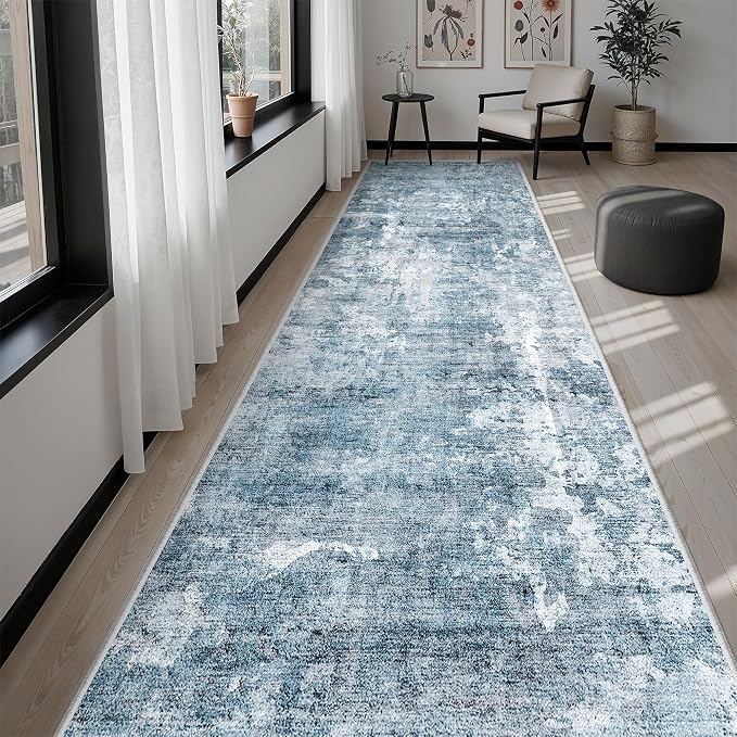 Soalmost Abstract Runner Rug 3x10 Hallway Kitchen Rugs Non-Slip, Blue/Grey | Vintage Washable Long Runners 10ft for Bathroom Laundry Bedroom, Foldable Low-Pile Wide Floor Carpet for Entryway Corridor