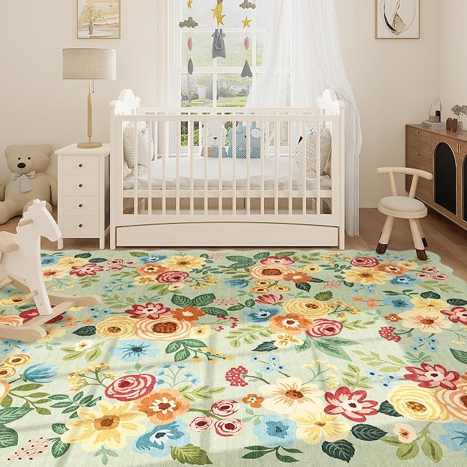DUKINO 8x10 Area Rug for Living Room, Floral Washable Rug Non Slip, Green | Soft, Low Pile, Stain Resistant Throw Large Rug for Bedroom, Dining Room, Nursery, Kids Playroom, Pet Friendly, Home Decor