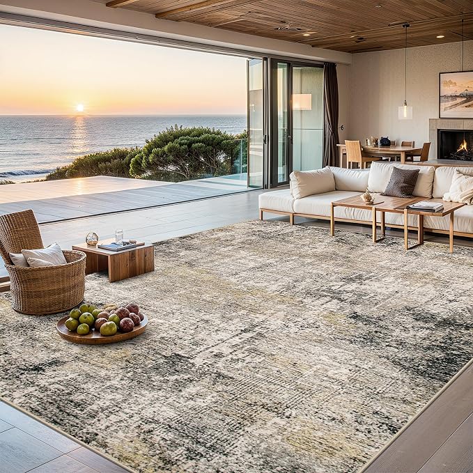 Area Rugs Living Room Rug - 4x6 Washable Modern Abstract Soft Neutral Non-Slip Carpet Large Indoor Floor Thin Carpets for Bedroom Dining Room Farmhouse Nursery Home Office Brown Black Grey