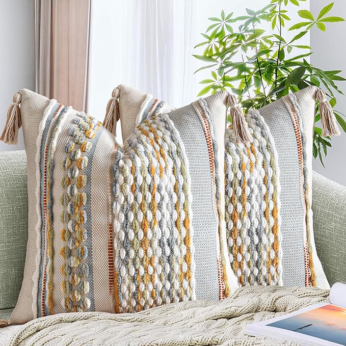 Set of 2 Chenille Striped Textured Boho Throw Pillow Covers Aesthetic with Tassels Woven Decorative Pillow Case for Couch Bed Sofa Bedroom Modern Funky 18 x 18-Inch Grey