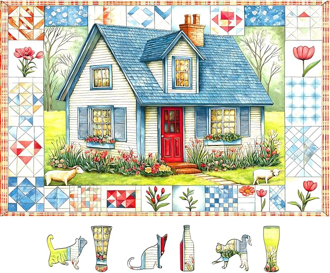 Blueforest 500 Piece Puzzle for Adults, Quilted Cottage Jigsaw Puzzle, 23x15 Inch Unique Shaped Pieces Art Puzzles for Adults 500 Pieces, Hard Difficult Challenging Fun Puzzles