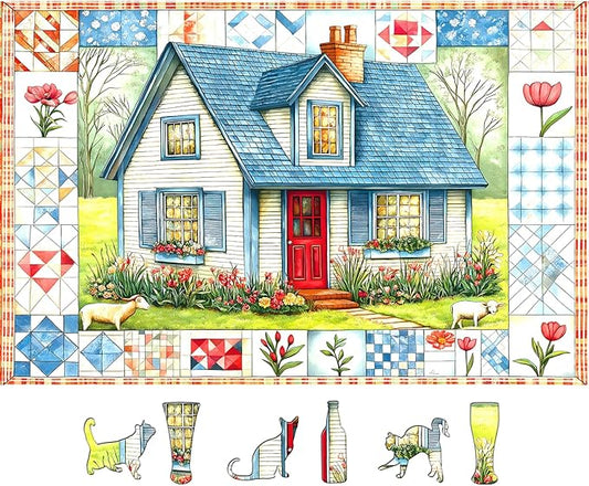 Blueforest 500 Piece Puzzle for Adults, Quilted Cottage Jigsaw Puzzle, 23x15 Inch Unique Shaped Pieces Art Puzzles for Adults 500 Pieces, Hard Difficult Challenging Fun Puzzles