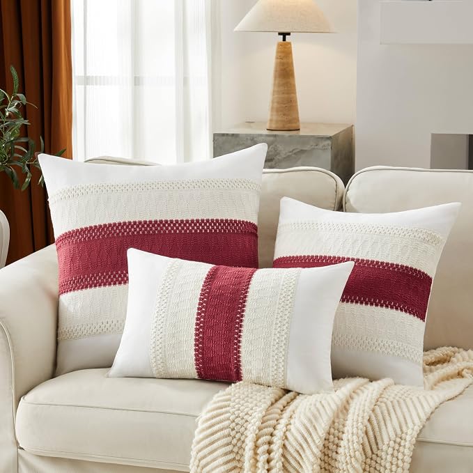 2pk Boho Pillow Covers 12x20, Natural White/Contrast/Red | 100% Organic Cotton Body, Stripe Embroidery, Farmhouse Decorative Cushion Covers for Sofa Bed Living Room Home Decor