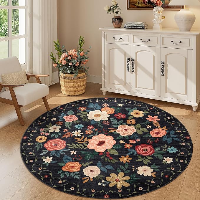 DUKINO 5ft Round Rug, Non Slip Floral Washable Small Circle Rug, Black | Soft, Low Pile, Floral Indoor Area Rug for Bedroom, Living Room, Kids Room, Office, Pet Friendly, Stain Resistant, Home Decor