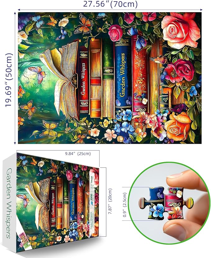 1000 Piece Jigsaw Puzzle for Adults - Garden Whispers Book Stack with Butterflies & Flowers, 27.5x19.7 Inch Unique Art Puzzle, Challenging Hard Difficult Puzzles for Adults