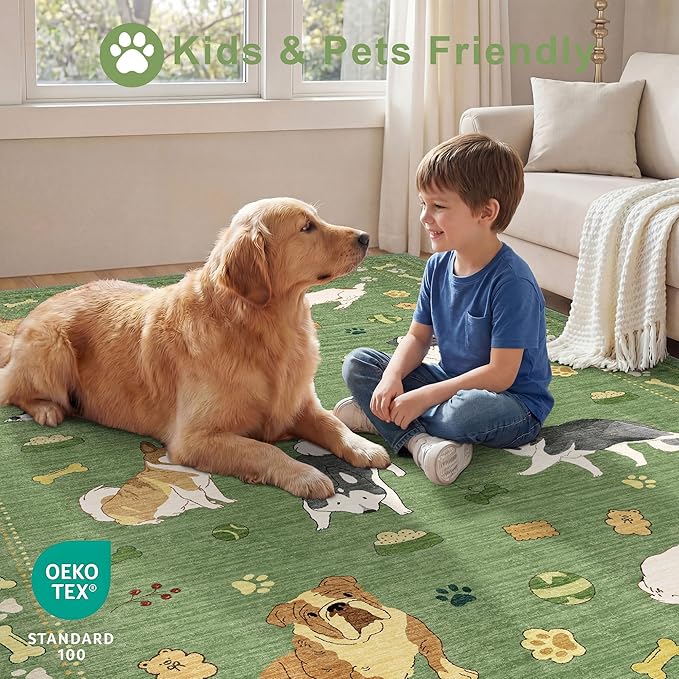 DUKINO 4x6 Area Rug, Washable Dog Rug for Living Room Non Slip, Green | Low Pile, Stain Resistant, Soft Animal Carpet for Bedroom Office Dorm Dining Room Kids Room Farmhouse, Kid & Pet Friendly
