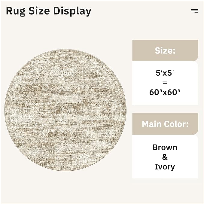 Soalmost 5x5 Brown Round Rug 6ft Circle Living Room Area Rugs Non-Slip | Washable Vintage Indoor Carpet for Dining Bedroom, Low Pile Stain Resistant Foldable Floor Mat Entryway Home Office Decor