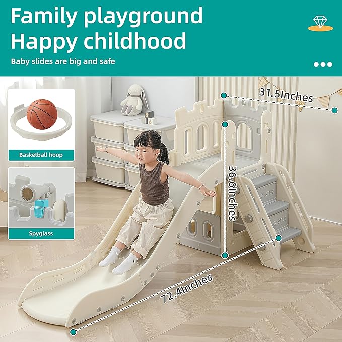 5 in 1 Toddler Slide, Extra-Long Kids Slide for Toddlers Age 1+ with Basketball Hoop and Ball, Storage Space, Indoor Outdoor Slide Playset Toddler Playground Climber Playset, Grey