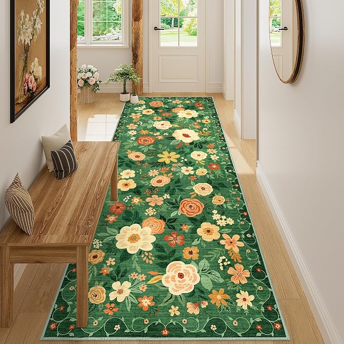 DUKINO 3x8 Kitchen Runner Rug, Washable Rug for Hallway Non Slip Dark Green | Soft, Low Pile, Floral Indoor Carpet Runner for Hallway, Entryway, Bedroom, Bathroom, Laundry, Pet Friendly, Home Decor